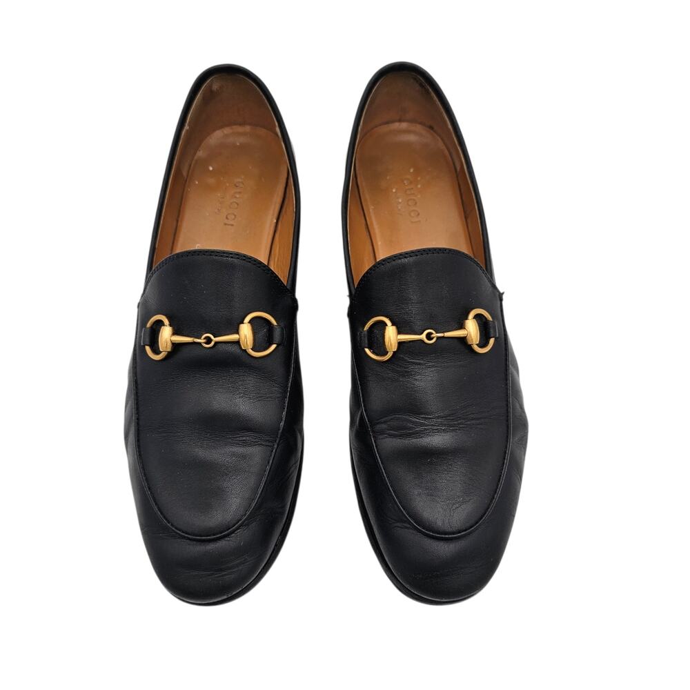Gucci Jordaan Horsebit Slip On Flat Loafer Black Leather Gold Size 37.5 US 7.5 - Picture 3 of 11